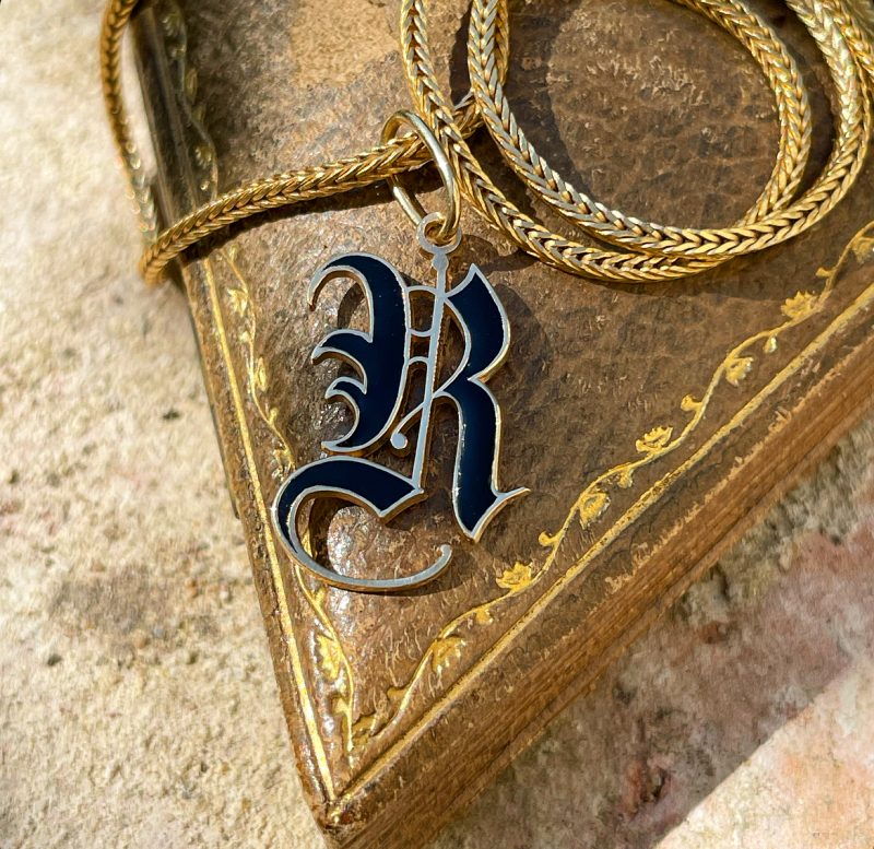 Gothic Large Initial R Gold & Enamel Charm
