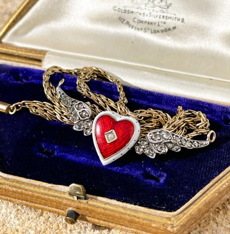 Winged Silver Heart Pendant with Enamel and Diamonds