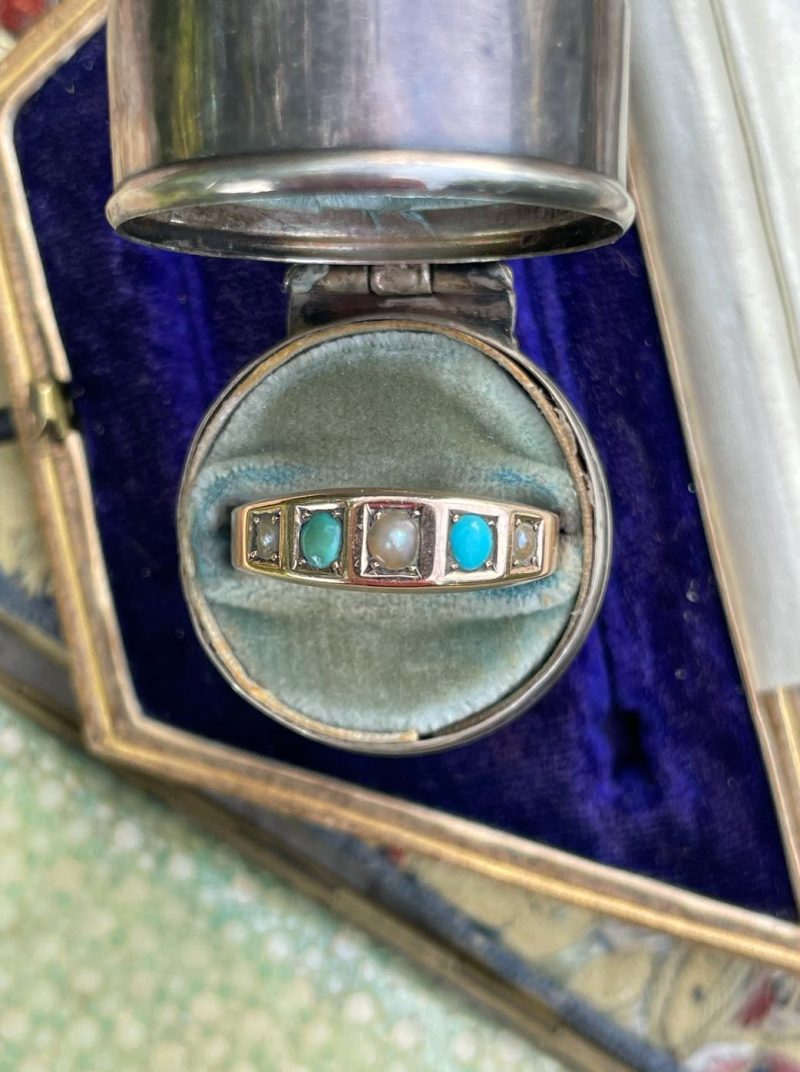 Edwardian 9ct Gold Turquoise and Seed Pearl Ring